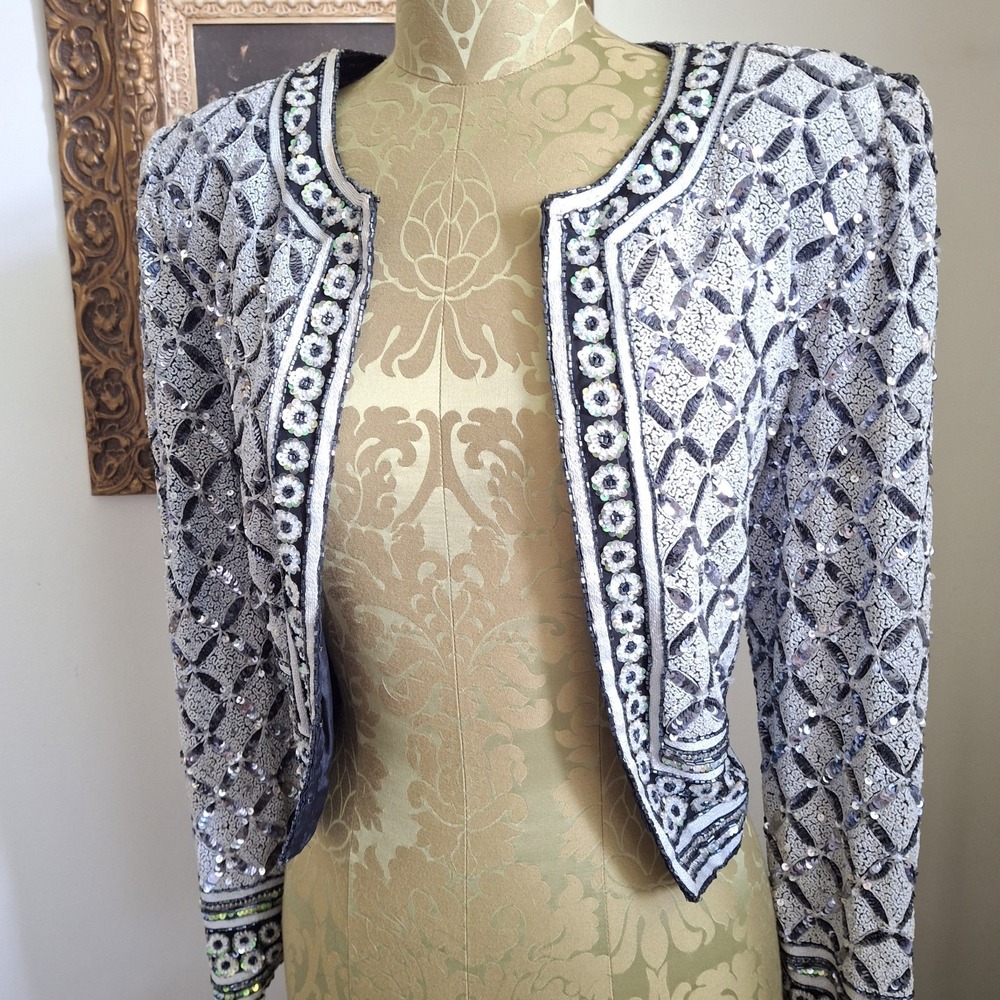 Vintage 90s Retro Glam Beaded Silk‎ Cropped Jacket JKara New York Medium